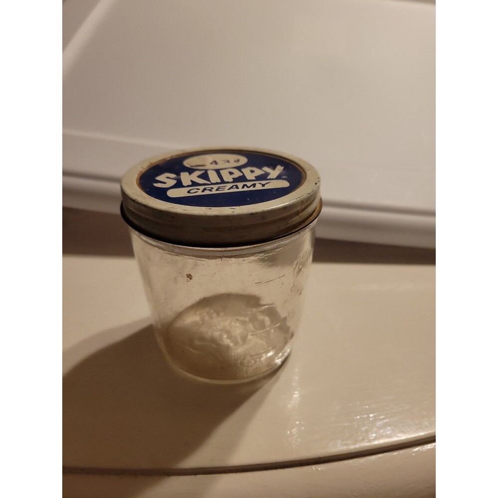 Vintage Skippy Creamy Peanut Butter Jar And Lid- Navy 43 cent 1950s? 1960s?